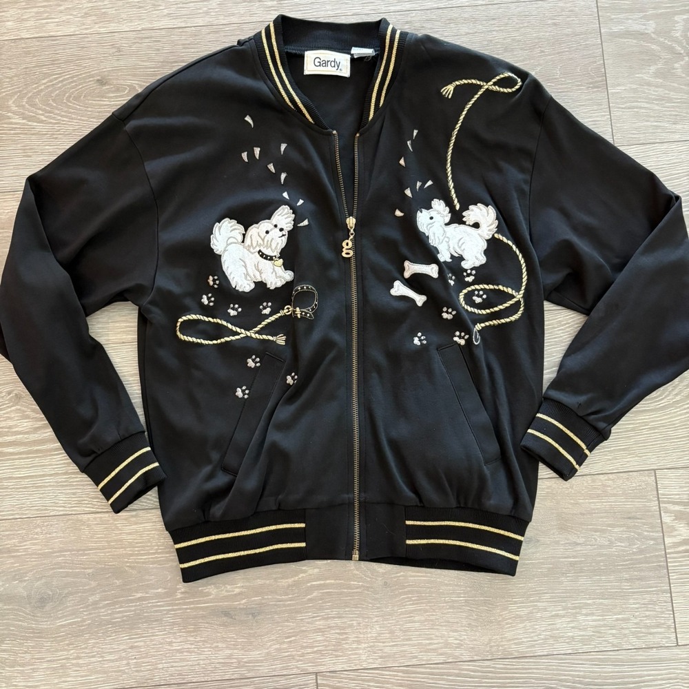 Gardy‎ Womens Black Embroidered Dog Ribbed Cuff Pocket Full-Zip Bomber Jacket S